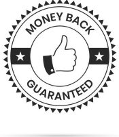 Black and white Trendy badge (Money Back Guaranteed) in a line art style with a thin black outline, with shadow, isolated on a white background. Elements for your design, with space for your text. Vector Illustration (EPS10, well layered and grouped). Easy to edit, manipulate, resize or colorize.
